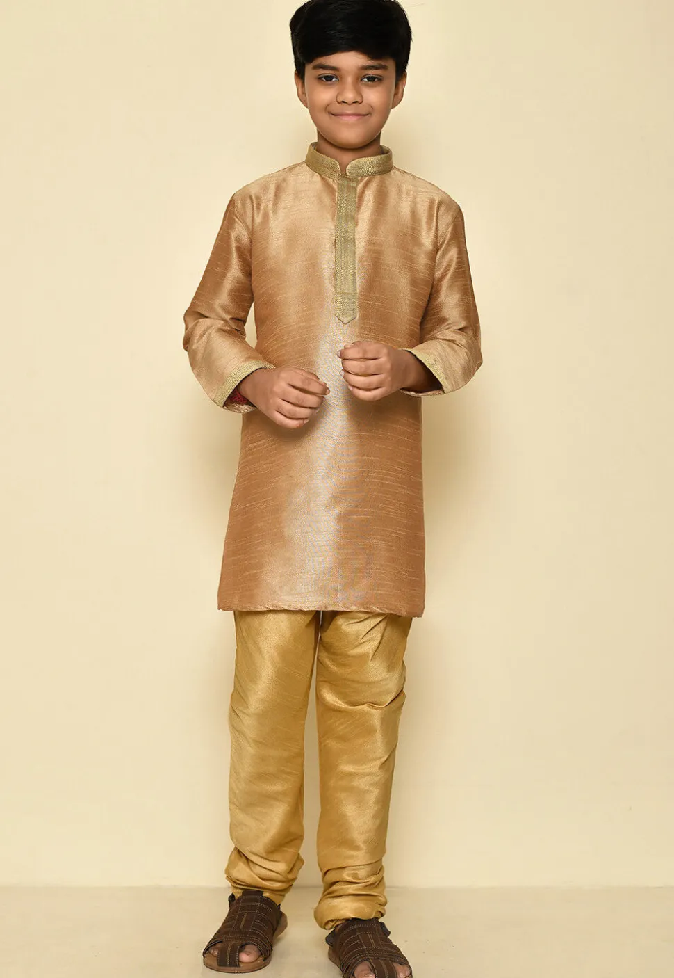 Embroidered Neckline Dupion Silk Kurta Set in Dark Beige