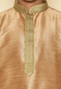 Embroidered Neckline Dupion Silk Kurta Set in Dark Beige