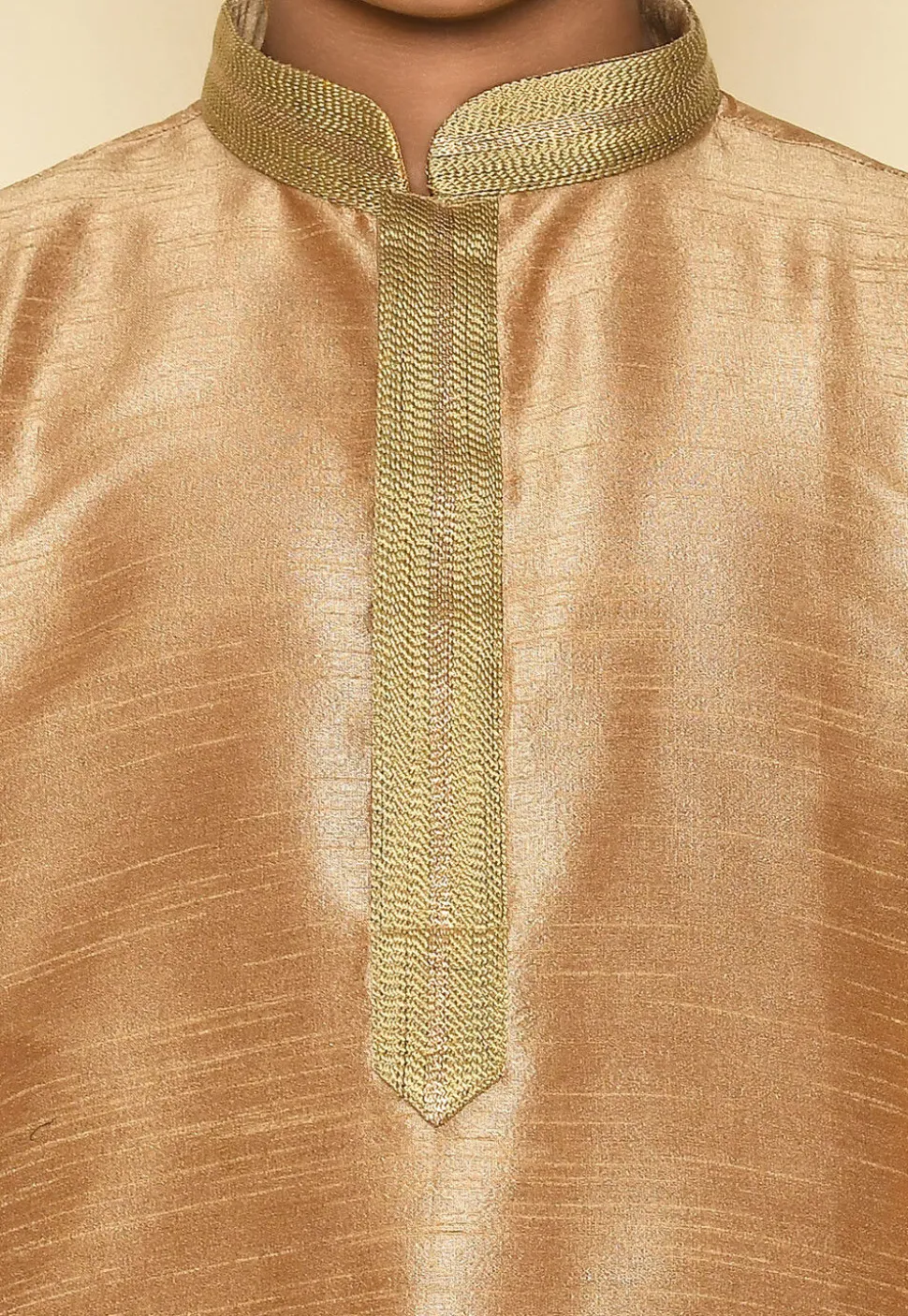 Embroidered Neckline Dupion Silk Kurta Set in Dark Beige