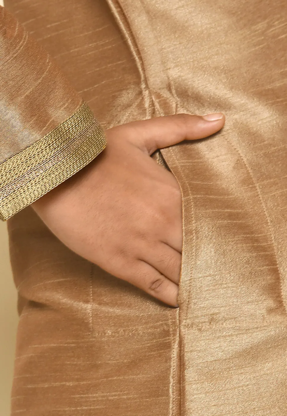 Embroidered Neckline Dupion Silk Kurta Set in Dark Beige