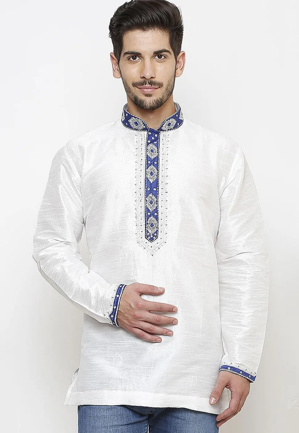 Embroidered Neckline Dupion Silk Short Kurta in White