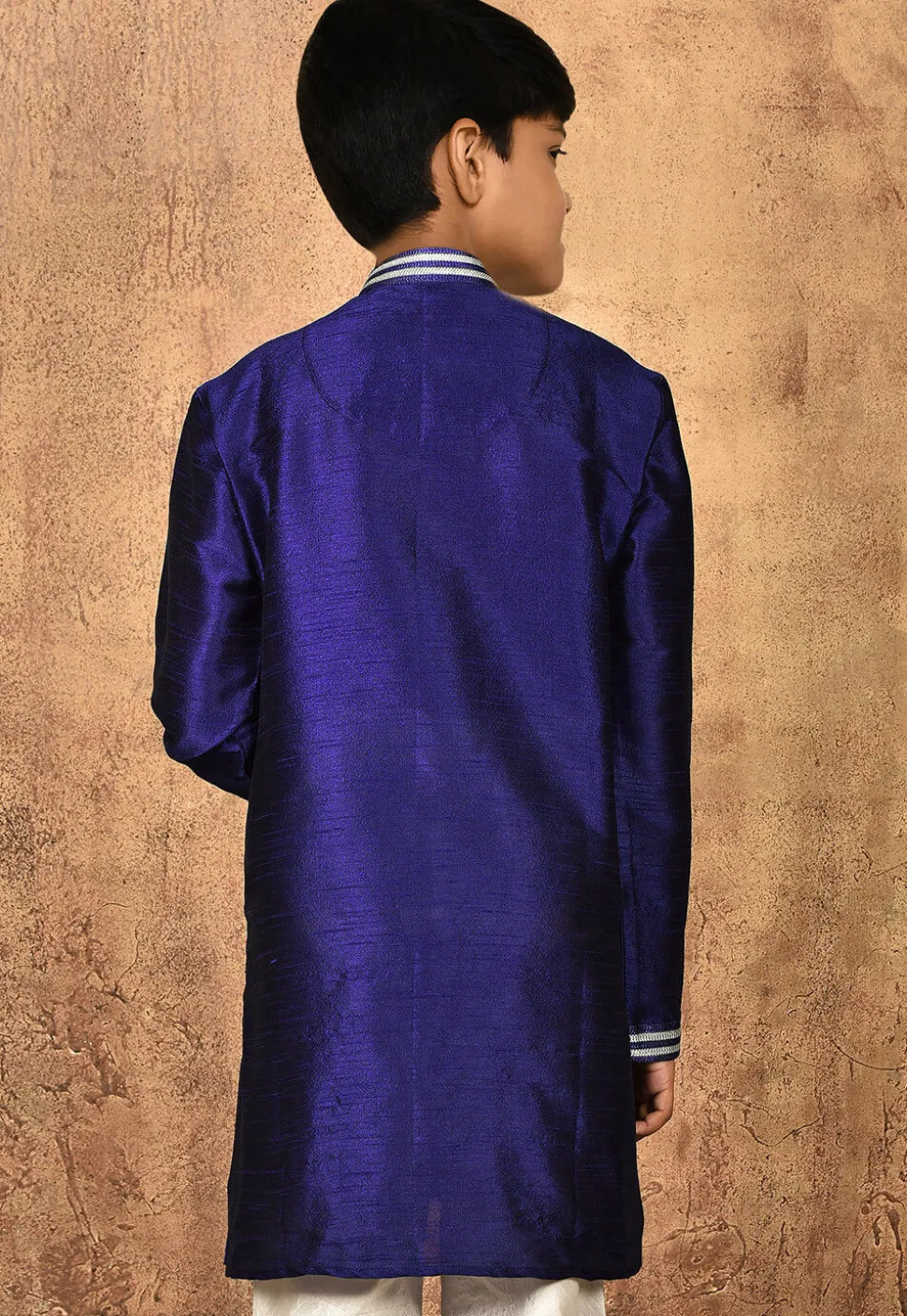 Embroidered Neckline Dupion Silk Kurta in Navy Blue