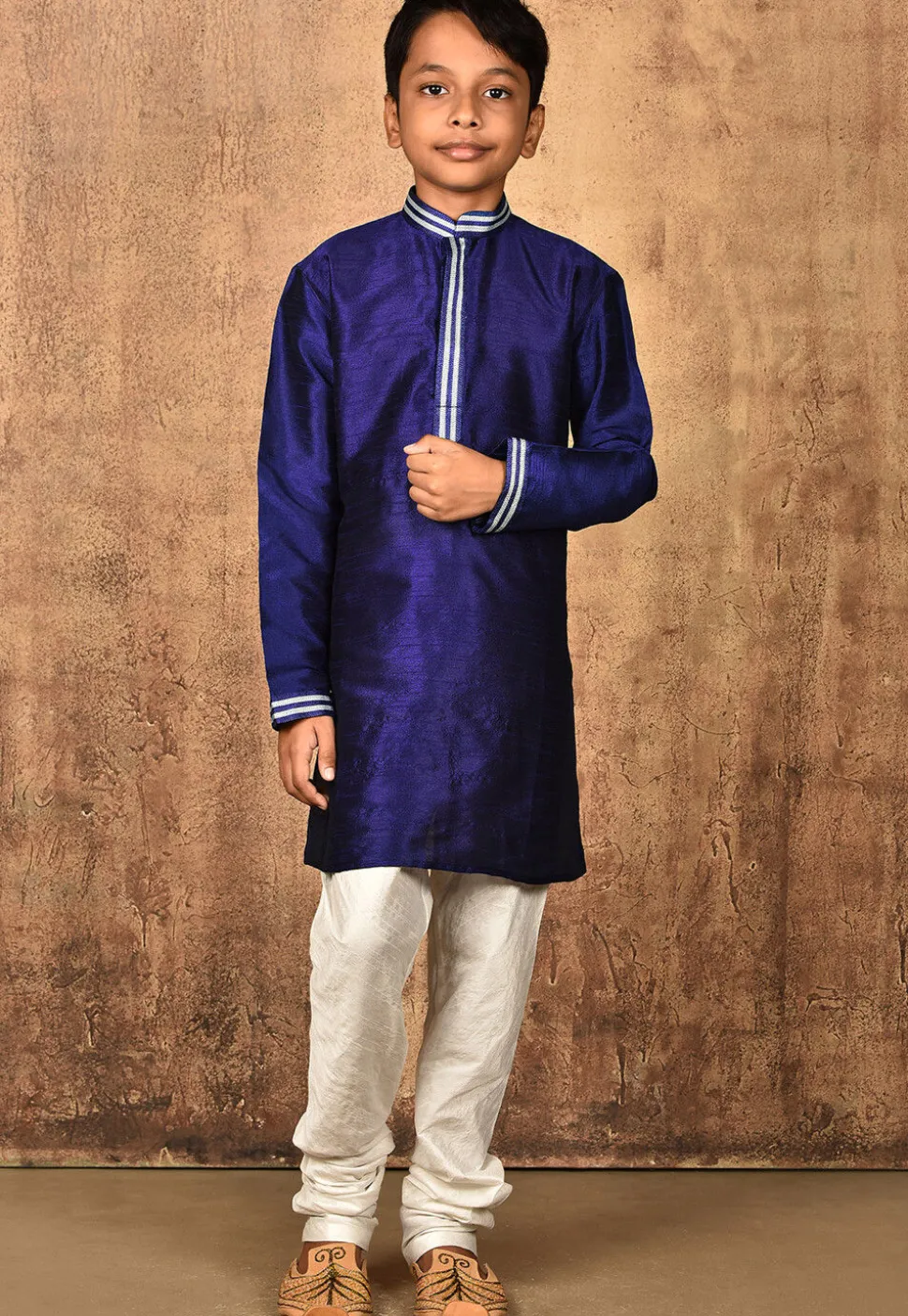 Embroidered Neckline Dupion Silk Kurta in Navy Blue