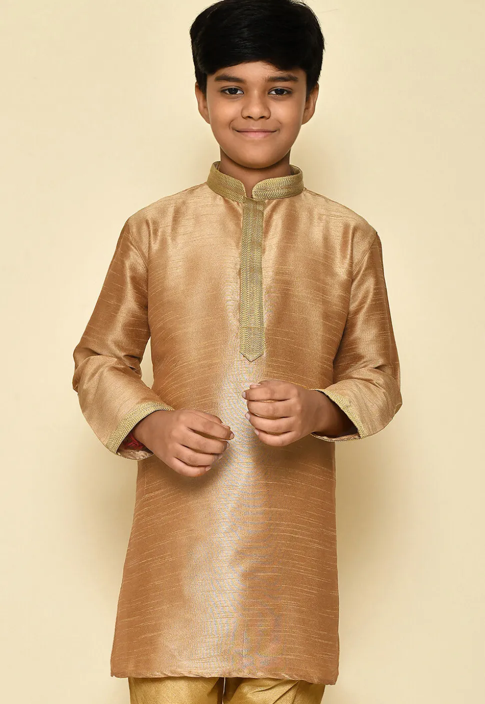 Embroidered Neckline Dupion Silk Kurta in Dark Beige