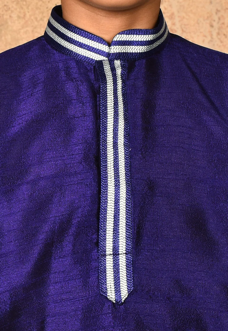 Embroidered Neckline Dupion Silk Kurta Set in Navy Blue