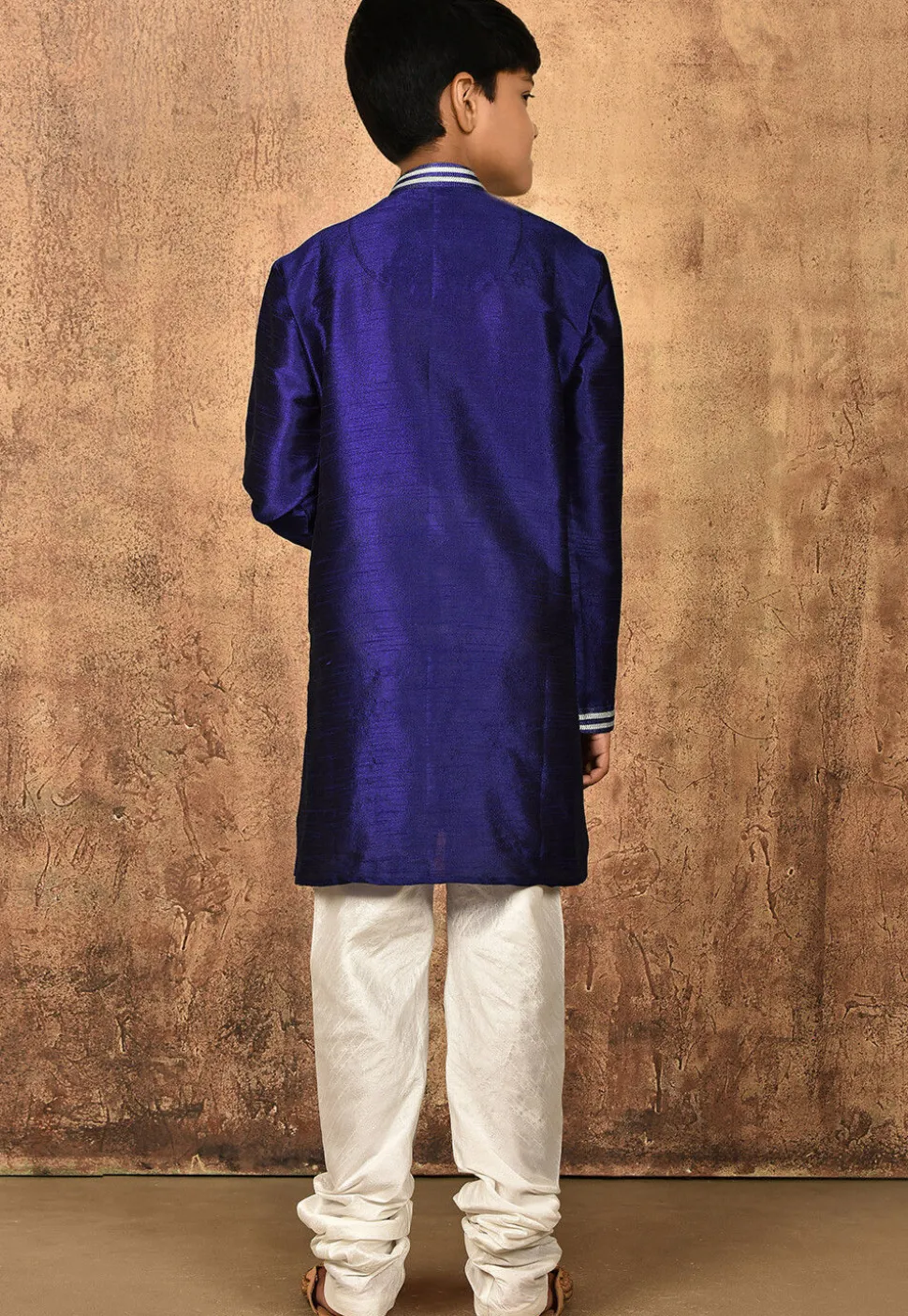 Embroidered Neckline Dupion Silk Kurta Set in Navy Blue