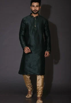Embroidered Neckline Dupion Silk Kurta in Dark Green