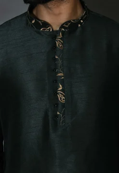 Embroidered Neckline Dupion Silk Kurta in Dark Green