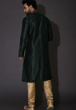 Embroidered Neckline Dupion Silk Kurta in Dark Green