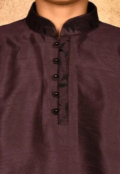 Embroidered Neckline Dupion Silk Kurta Set in Wine
