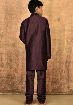 Embroidered Neckline Dupion Silk Kurta Set in Wine