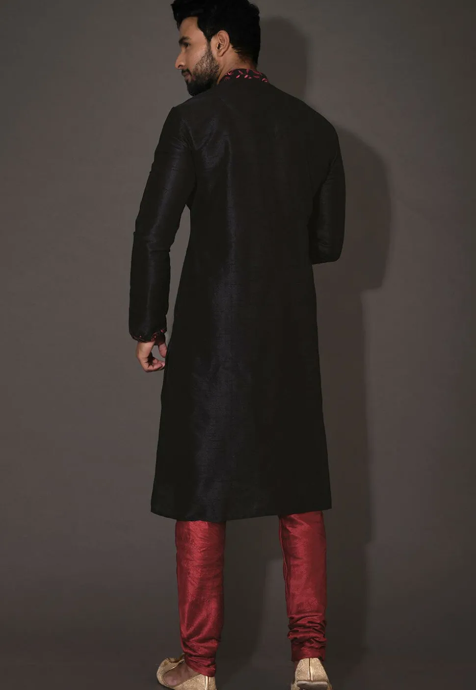 Embroidered Neckline Dupion Silk Kurta Set in Black