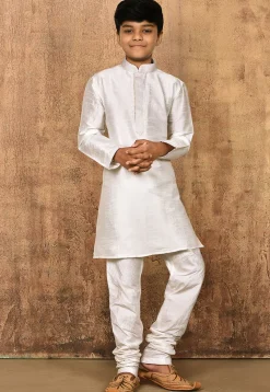Embroidered Neckline Dupion Silk Kurta in Off White