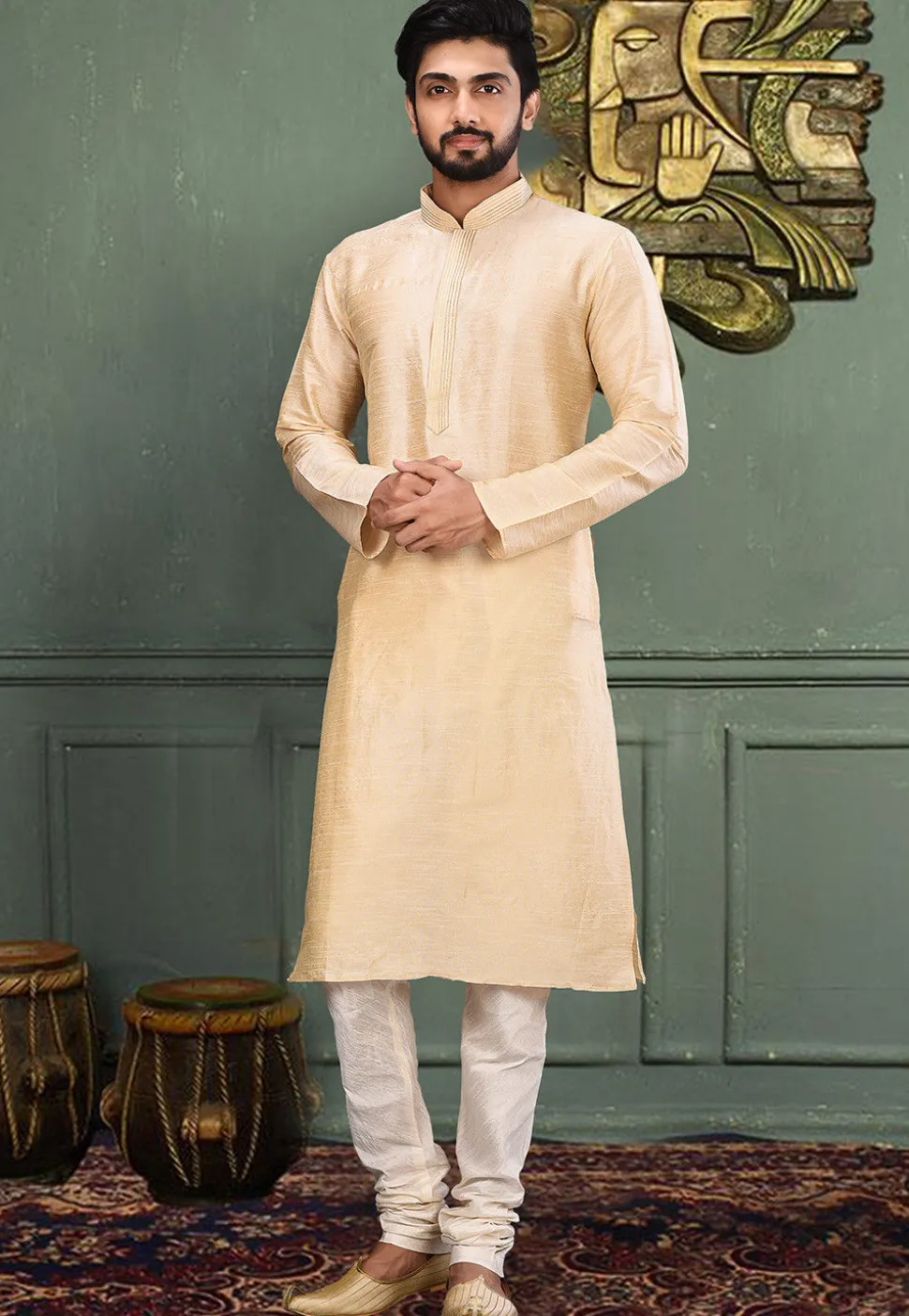 Embroidered Neckline Dupion Silk Kurta Set in Light Beige