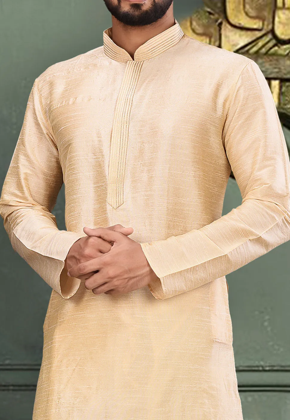 Embroidered Neckline Dupion Silk Kurta Set in Light Beige