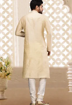 Embroidered Neckline Dupion Silk Kurta Set in Light Beige