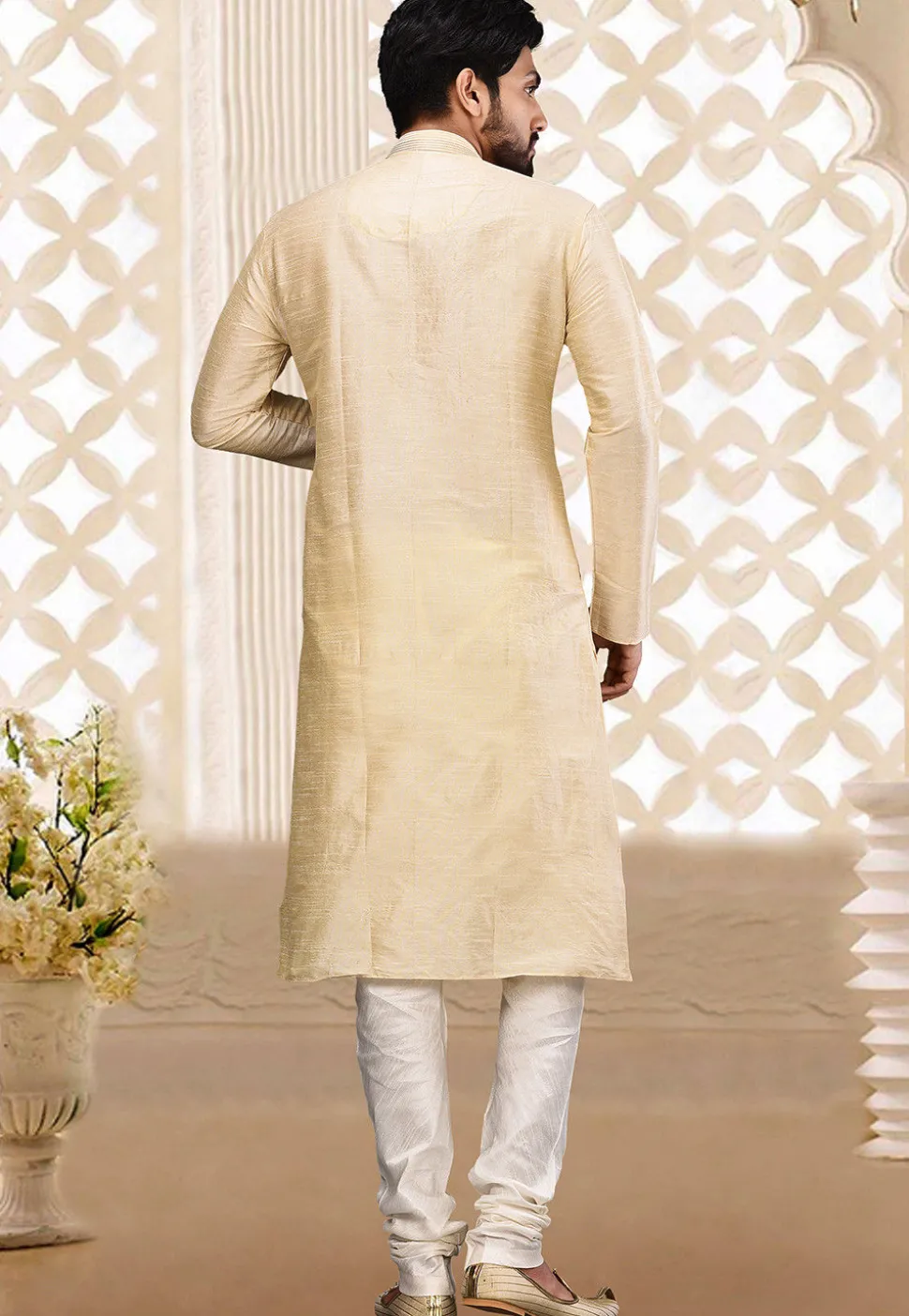 Embroidered Neckline Dupion Silk Kurta Set in Light Beige