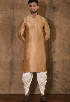 Embroidered Neckline Dupion Silk Kurta Set in Dark Beige