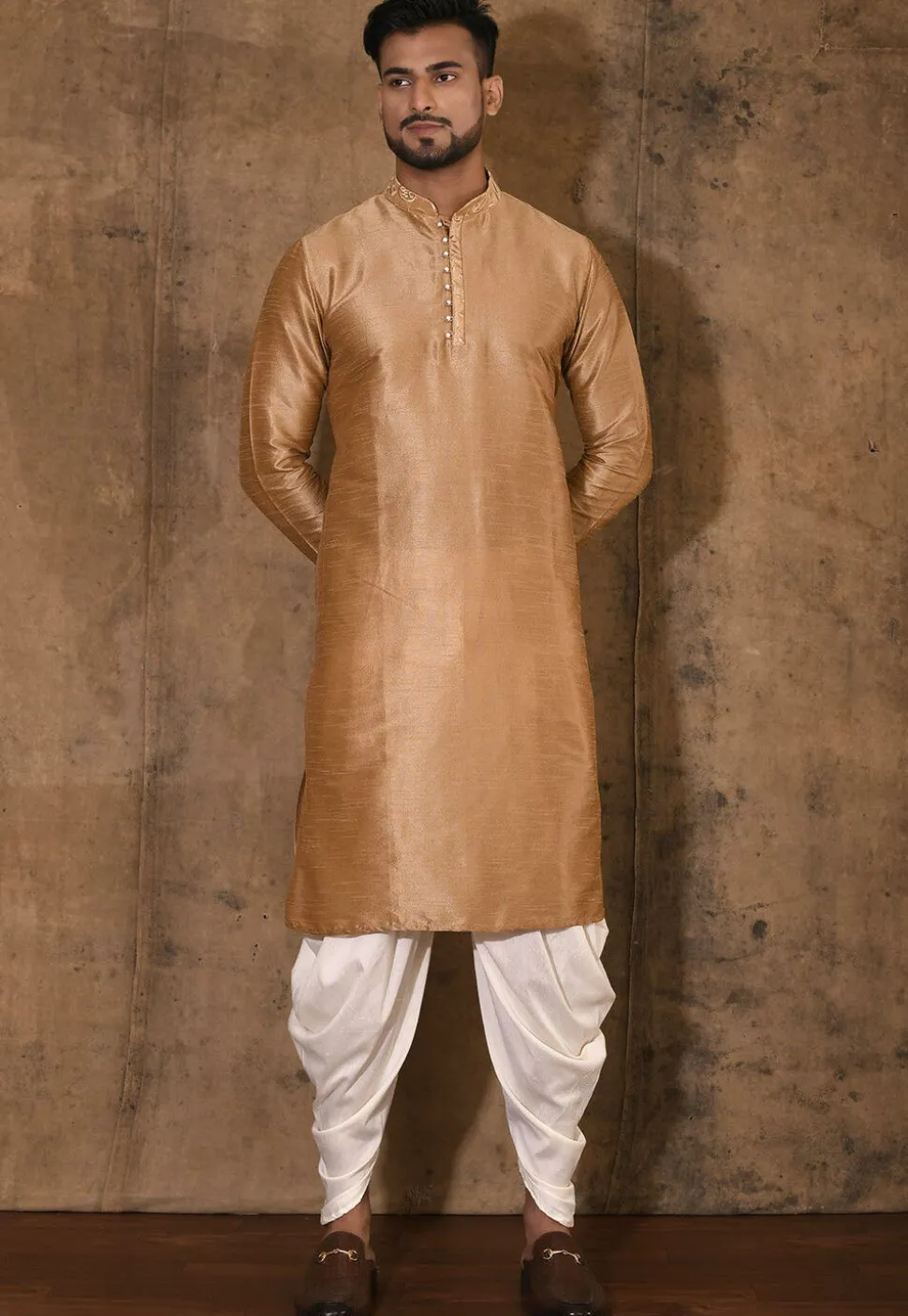 Embroidered Neckline Dupion Silk Kurta Set in Dark Beige
