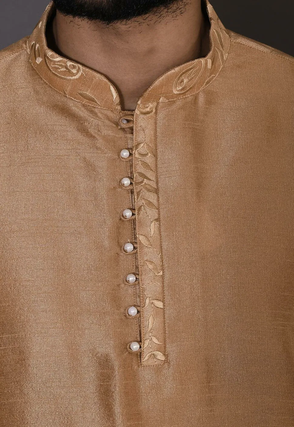 Embroidered Neckline Dupion Silk Kurta Set in Dark Beige