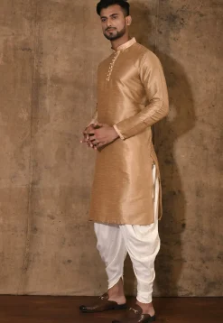 Embroidered Neckline Dupion Silk Kurta Set in Dark Beige