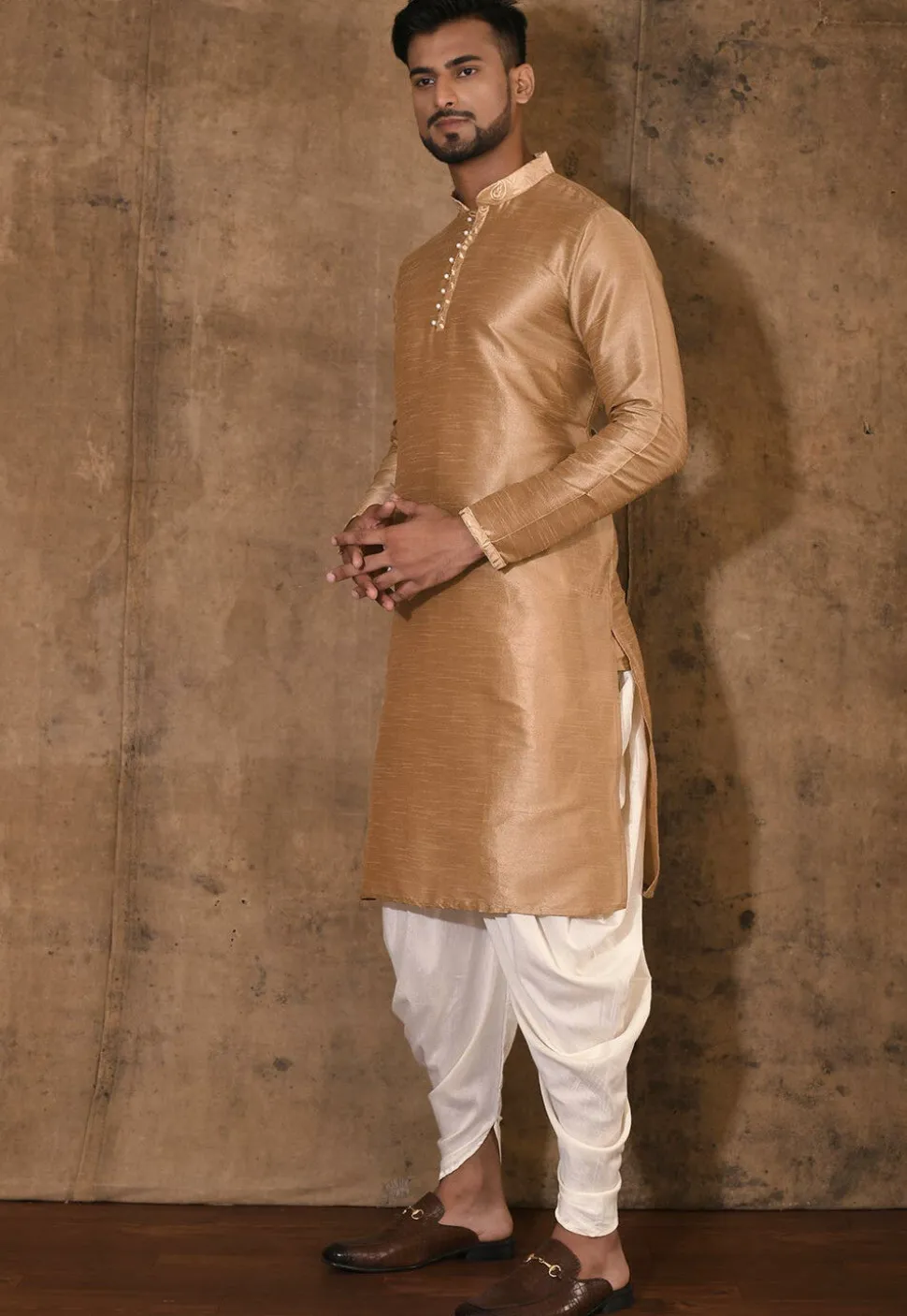 Embroidered Neckline Dupion Silk Kurta Set in Dark Beige