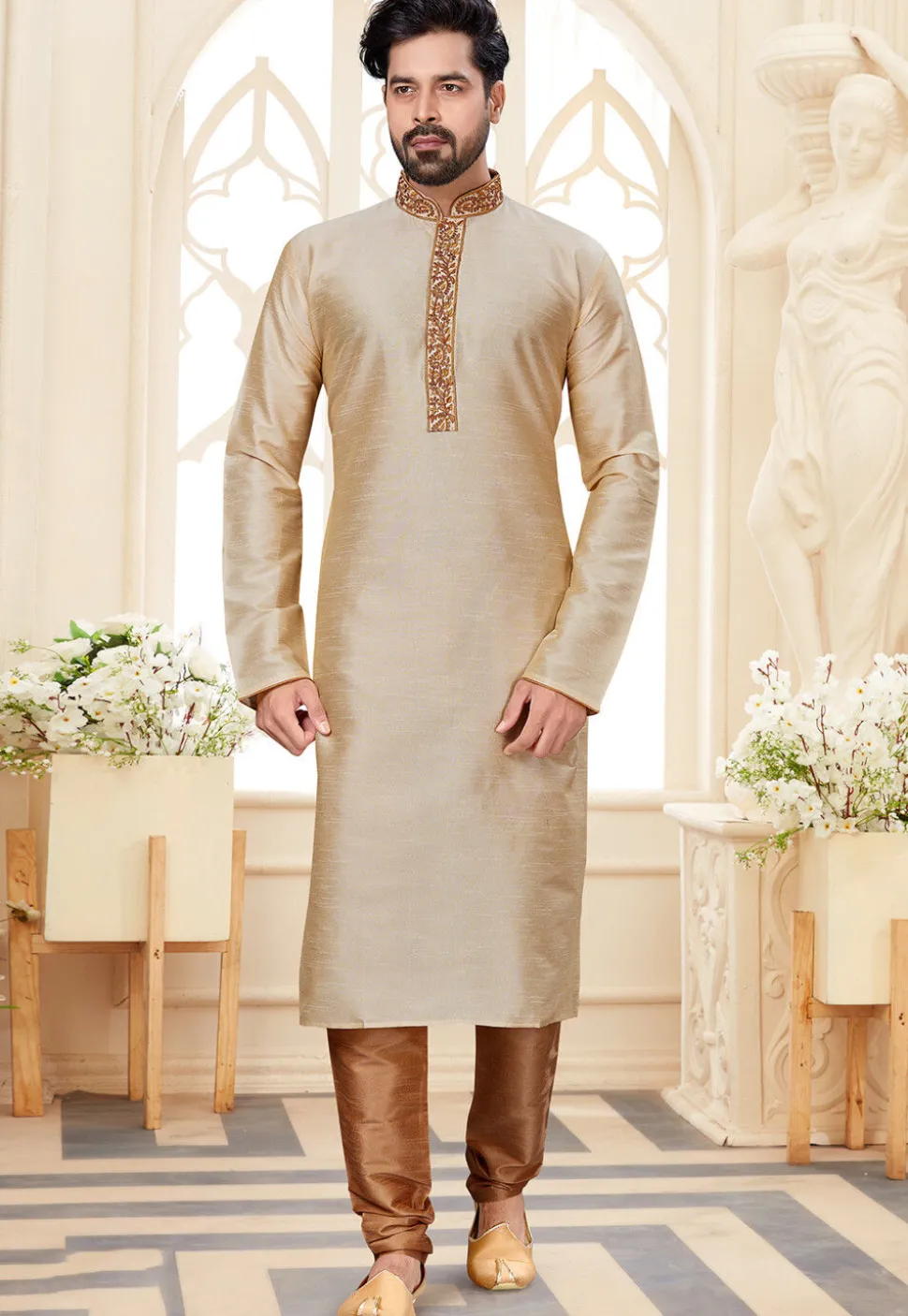Embroidered Neckline Dupion Silk Kurta in Light Beige