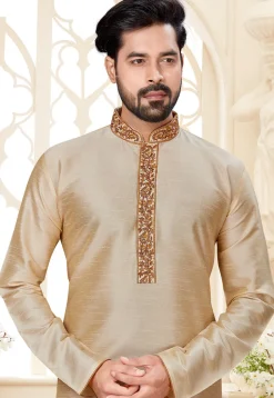 Embroidered Neckline Dupion Silk Kurta in Light Beige