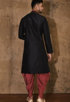 Embroidered Neckline Dupion Silk Kurta Set in Black