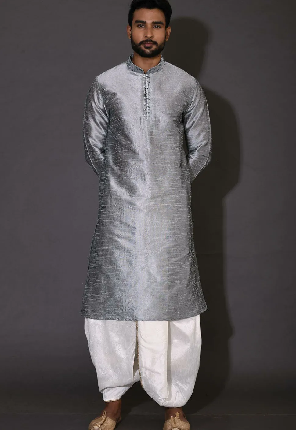 Embroidered Neckline Dupion Silk Dhoti Kurta in Grey