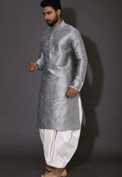 Embroidered Neckline Dupion Silk Dhoti Kurta in Grey
