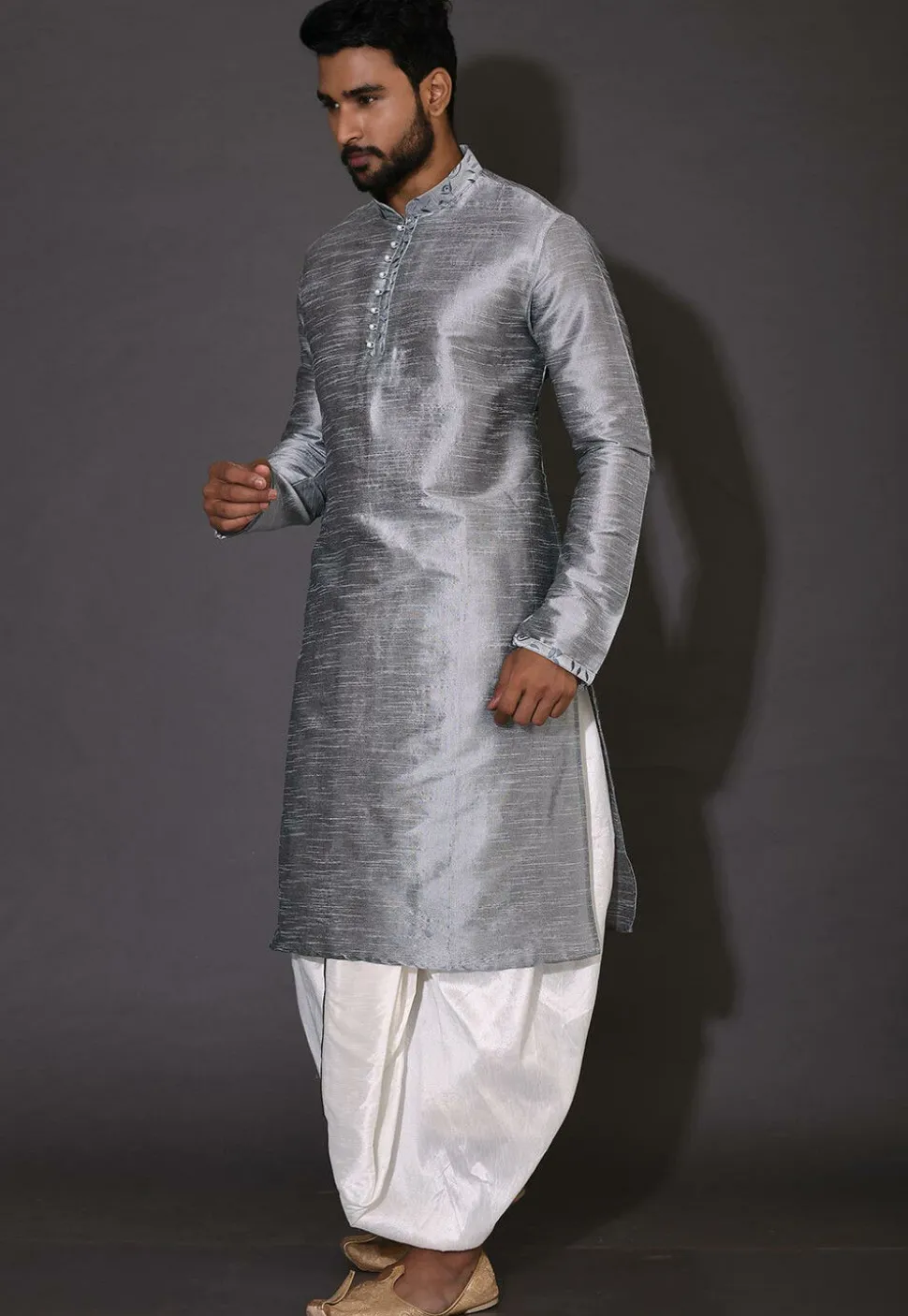 Embroidered Neckline Dupion Silk Dhoti Kurta in Grey