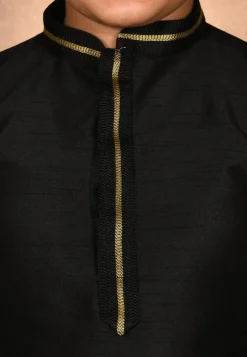 Embroidered Neckline Dupion Silk Kurta in Black