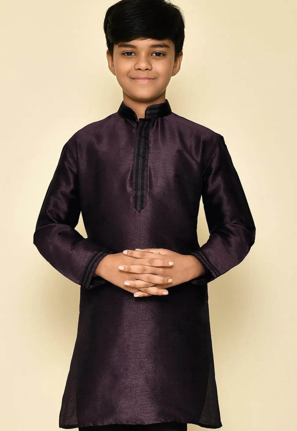 Embroidered Neckline Dupion Silk Kurta in Wine