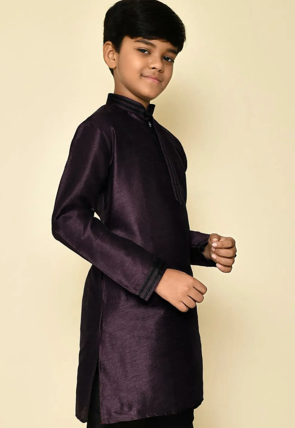 Embroidered Neckline Dupion Silk Kurta in Wine