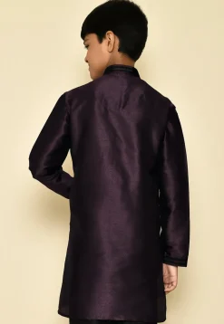 Embroidered Neckline Dupion Silk Kurta in Wine