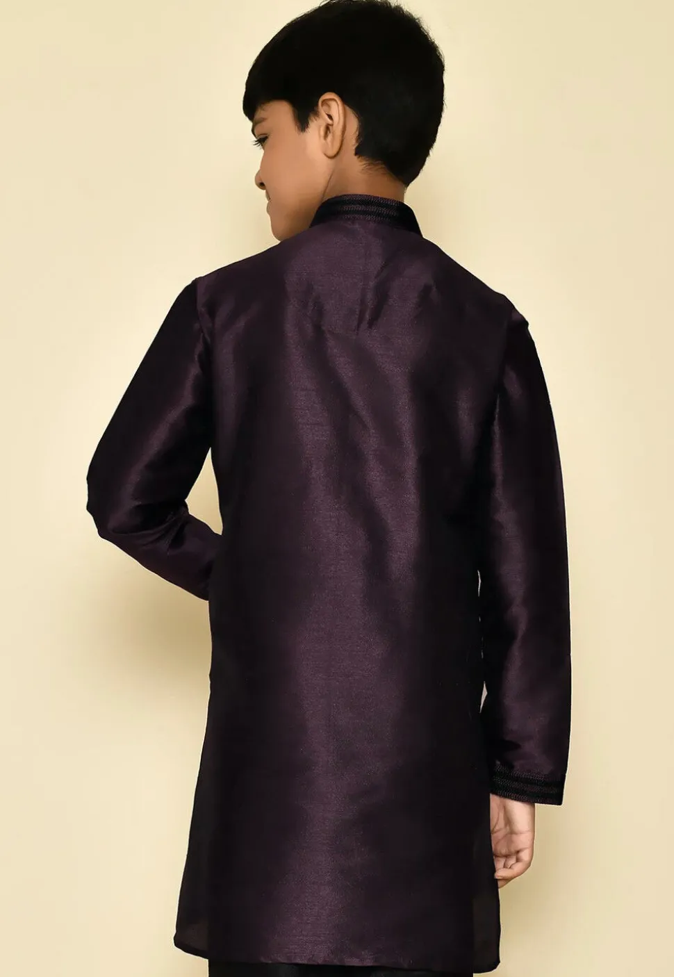 Embroidered Neckline Dupion Silk Kurta in Wine