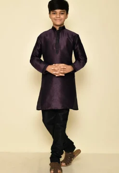 Embroidered Neckline Dupion Silk Kurta in Wine