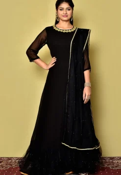 Embroidered Neckline Georgette Gowns in Black