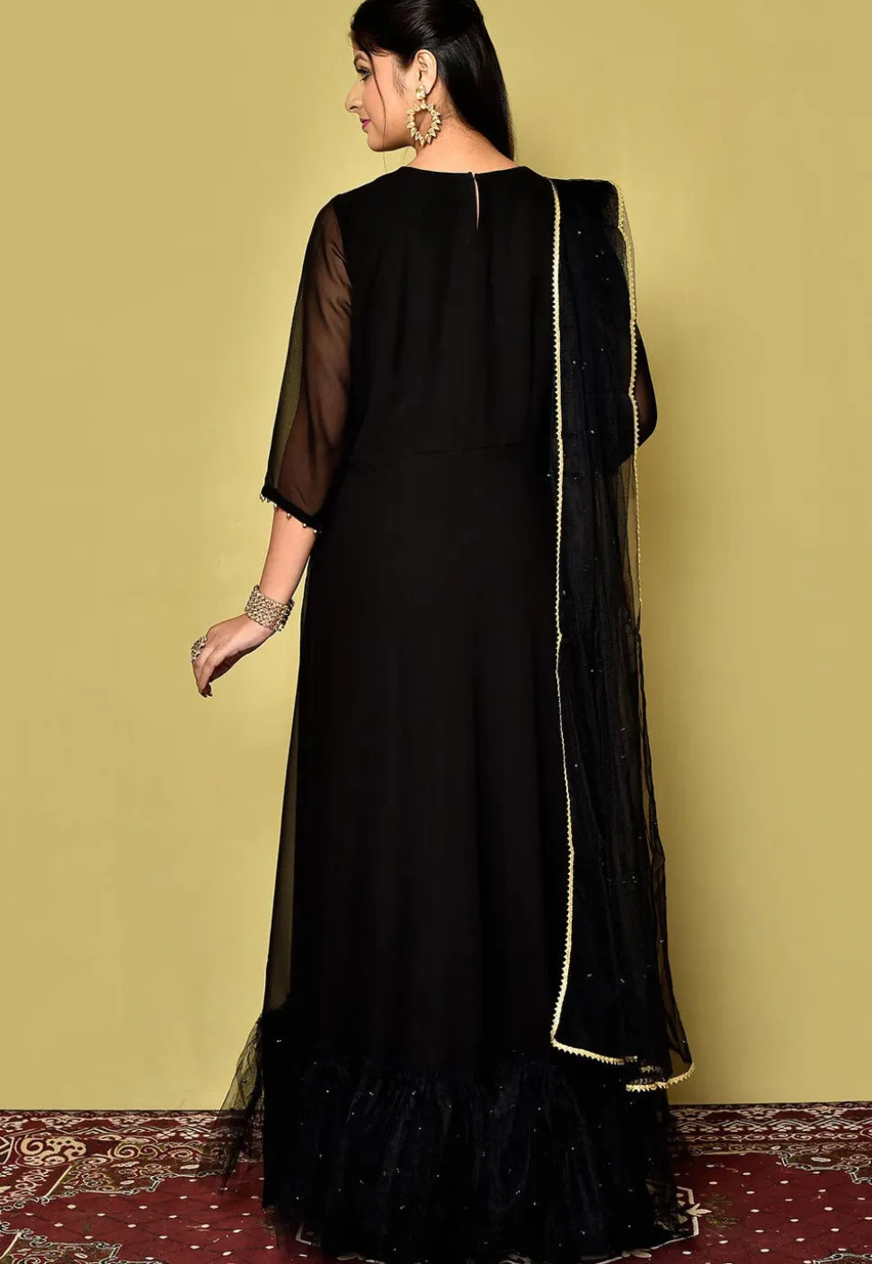 Embroidered Neckline Georgette Gowns in Black