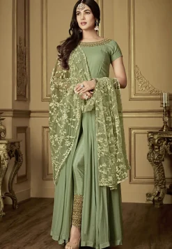 Embroidered Neckline Georgette Abaya Style Suit in Pastel Green