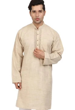 Embroidered Neckline Handloom South Cotton Kurta in Beige