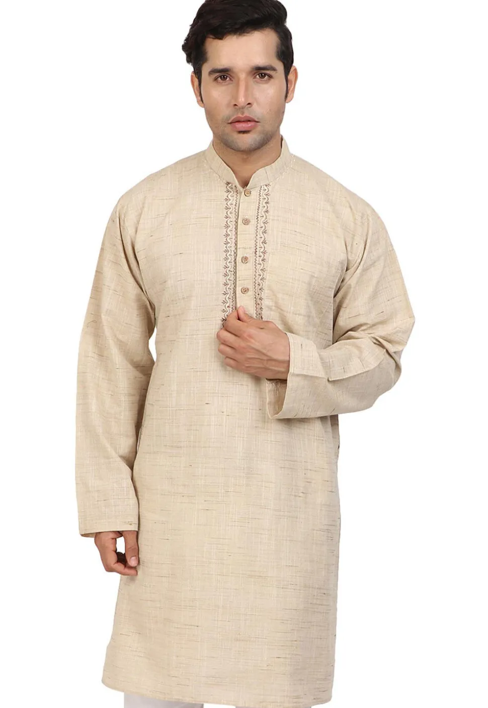 Embroidered Neckline Handloom South Cotton Kurta in Beige