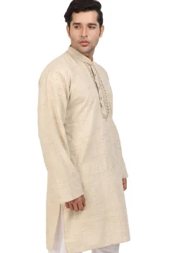 Embroidered Neckline Handloom South Cotton Kurta in Beige