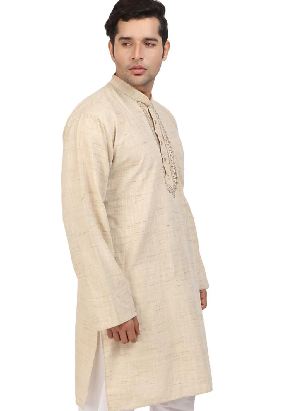 Embroidered Neckline Handloom South Cotton Kurta in Beige