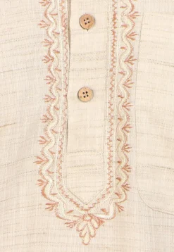 Embroidered Neckline Handloom South Cotton Kurta in Light Beige