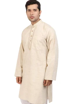 Embroidered Neckline Handloom South Cotton Kurta in Light Beige
