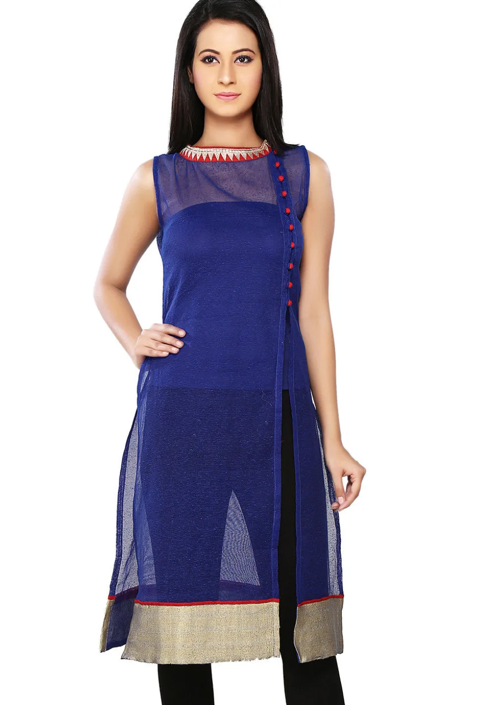Embroidered Neckline Jute Noil Silk Side Slit Kurta in Blue