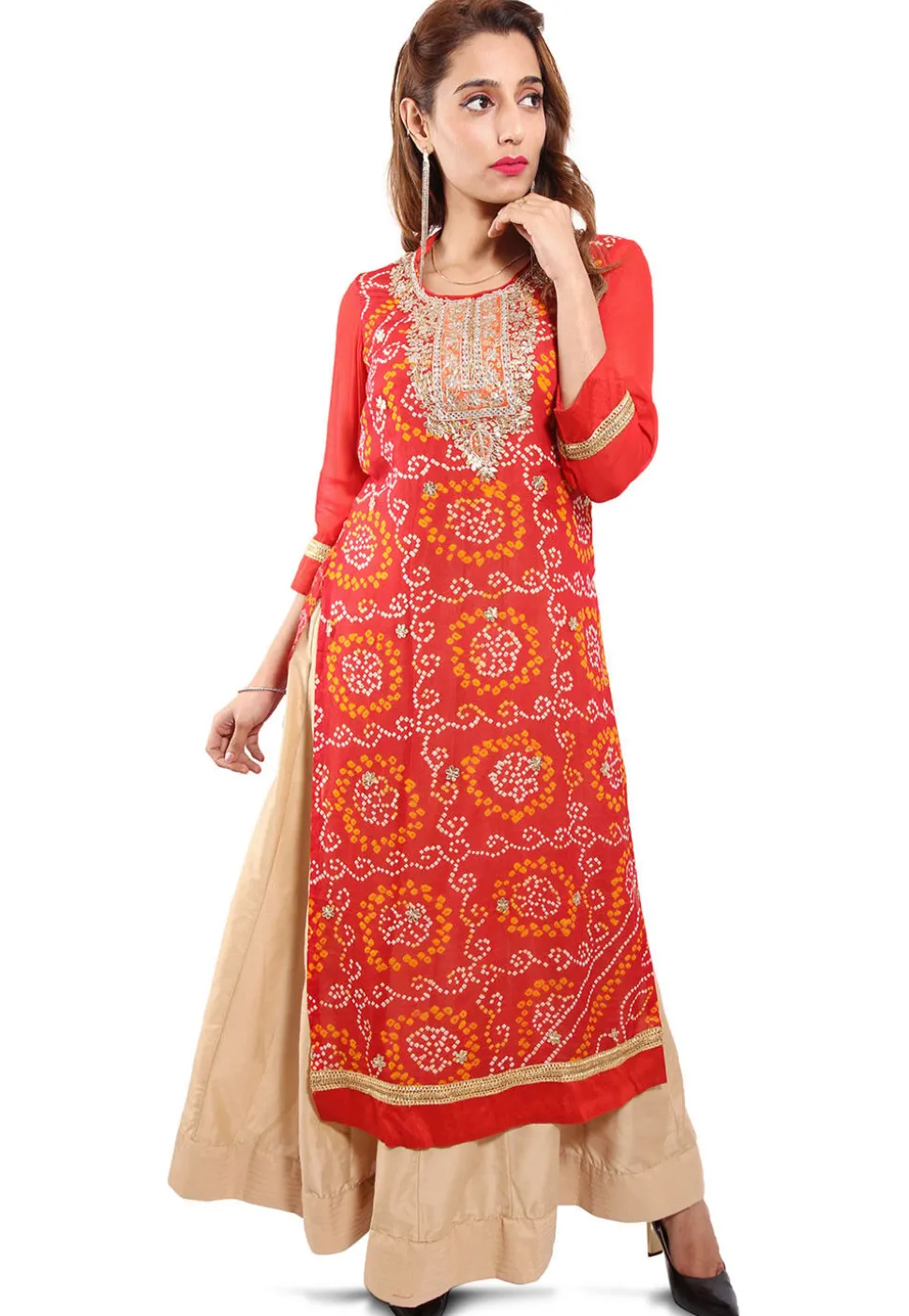 Embroidered Neckline Pure Chinon Crepe Abaya Style Suit in Red