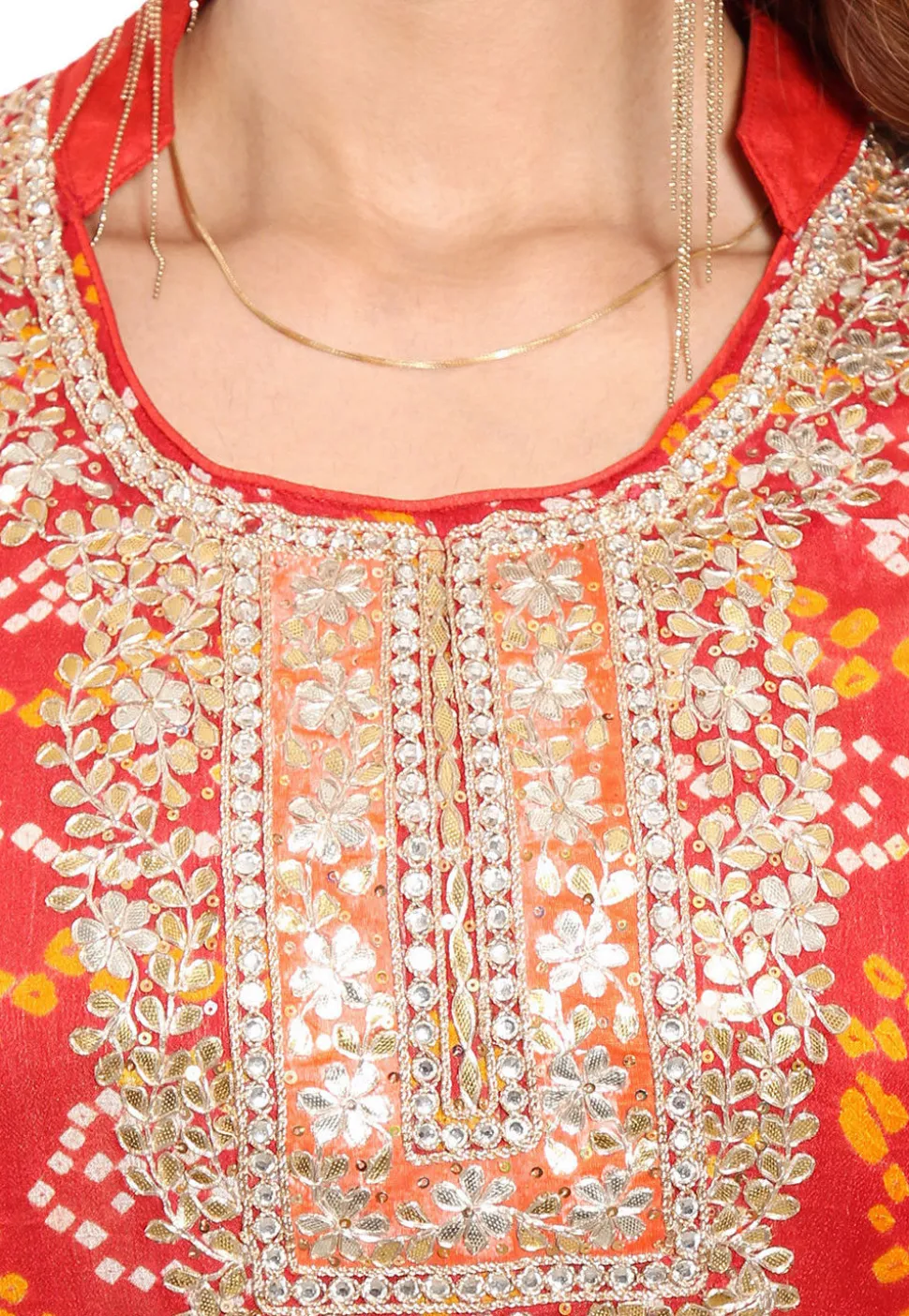 Embroidered Neckline Pure Chinon Crepe Abaya Style Suit in Red